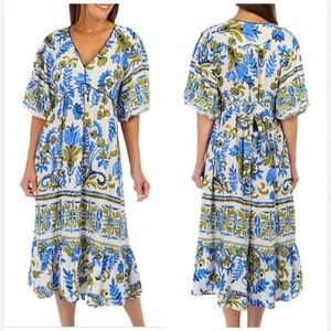 Figueroa & Flower Midi Tiered Linen Fall Boho Floral Prairie Dress Large Cottage